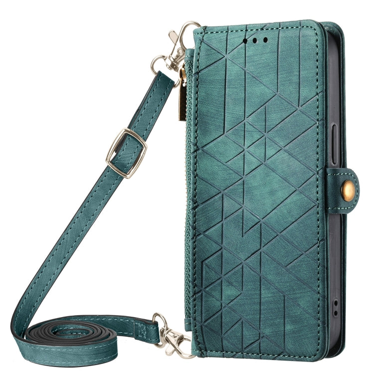 Custodia per telefono in pelle con fibbia laterale a portafoglio con cerniera geometrica e cordino a tracolla, For iPhone 14 Plus, For iPhone 14, For iPhone 14 Pro, For iPhone 14 Pro Max