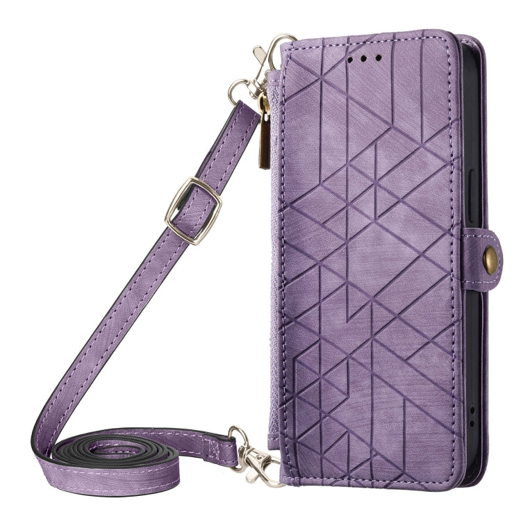 Custodia per telefono in pelle con fibbia laterale a portafoglio con cerniera geometrica e cordino a tracolla, For iPhone 14 Plus, For iPhone 14, For iPhone 14 Pro, For iPhone 14 Pro Max