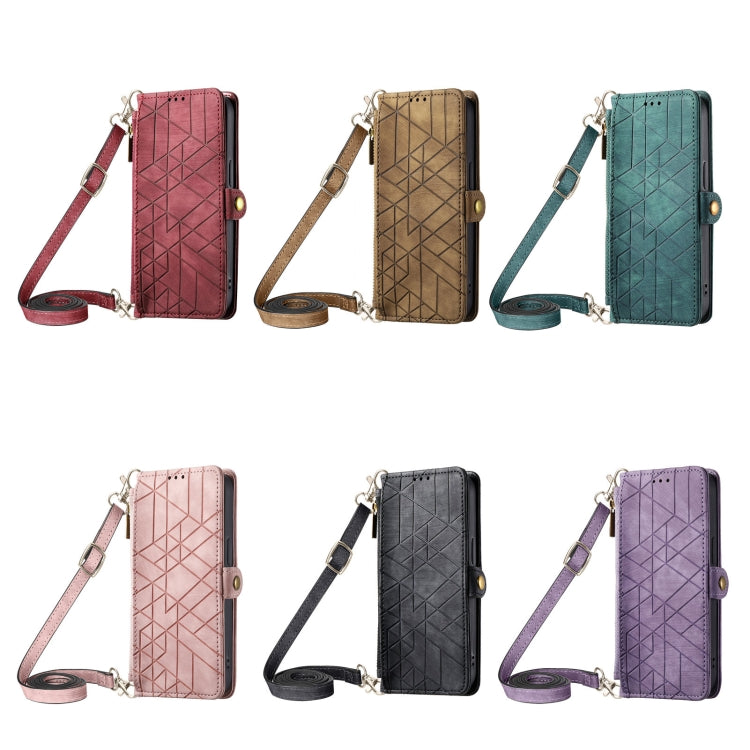 Custodia per telefono in pelle con fibbia laterale a portafoglio con cerniera geometrica e cordino a tracolla, For iPhone 13 Pro Max, For iPhone 13 Pro, For iPhone 13, For iPhone 12