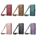 Custodia per telefono in pelle con fibbia laterale a portafoglio con cerniera geometrica e cordino a tracolla, For iPhone 14 Plus, For iPhone 14, For iPhone 14 Pro, For iPhone 14 Pro Max
