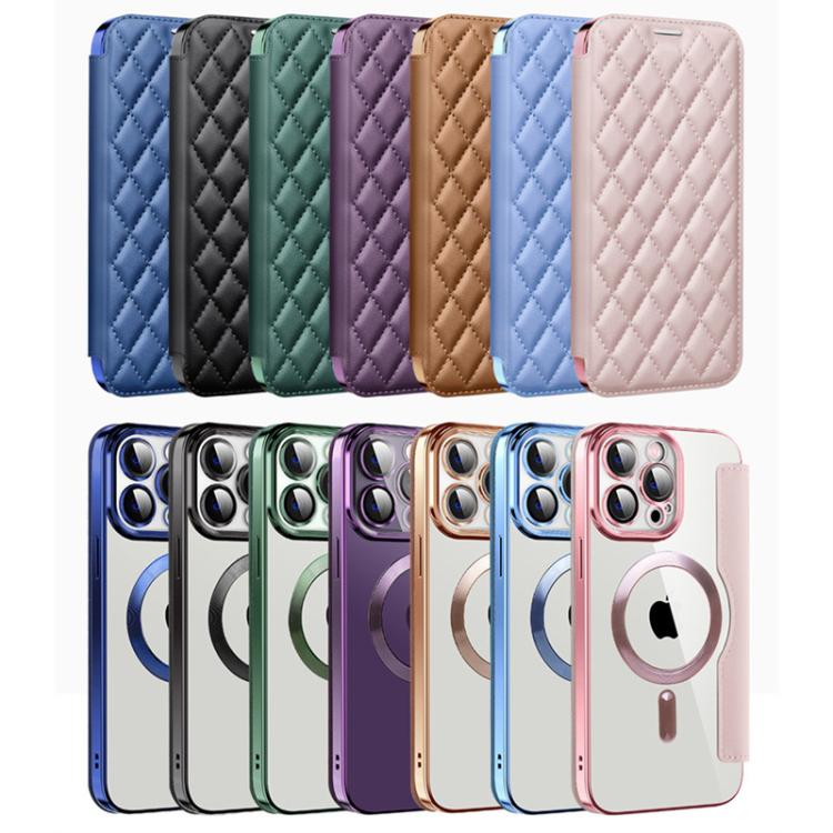Custodia per telefono in pelle Shield Magsafe RFID antifurto con rombo, For iPhone 14, For iPhone 14 Pro, For iPhone 14 Pro Max