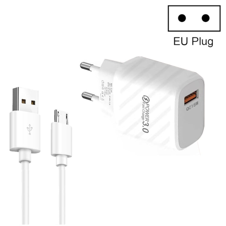 Caricabatterie rapido USB TE-005 QC3.0 da 18 W con cavo da USB a micro USB da 1 m 3 A, spina europea, EU Plug + Micro USB Cable