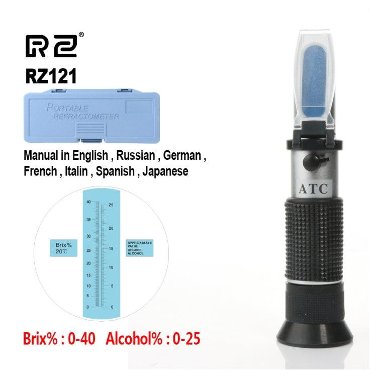 Alcohol Refractometer Sugar Grape Wine Concentration 0~25% Alcohol 0~40% Brix Tester ATC Meter Portable Instrument RZ121