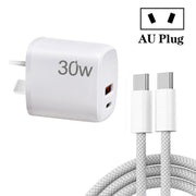 Caricatore USB PD30W USB-C/Type-C + QC3.0 con cavo dati da Type-C a Type-C da 1 m, spina AU, AU Plug + Type-C to Type-C Cable