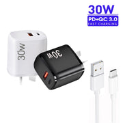 Caricatore USB PD30W USB-C/Type-C + QC3.0 con cavo dati da USB a Type-C da 1 m, spina AU, AU Plug + USB to Type-C Cable