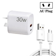 Caricatore USB PD30W USB-C/Type-C + QC3.0 con cavo dati da USB a micro USB da 1 m, spina AU, AU Plug + USB to Micro USB Cable