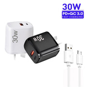 Caricatore USB PD30W USB-C/Type-C + QC3.0 con cavo dati da USB a micro USB da 1 m, spina AU, AU Plug + USB to Micro USB Cable