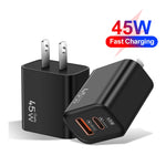 Caricabatterie USB-C 45W + USB QC3.0 20W per smartphone compatibi
