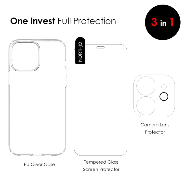 Custodia per telefono in TPU 3 in 1 NORTHJO con pellicola per schermo e pellicola per lenti, For iPhone 12 mini