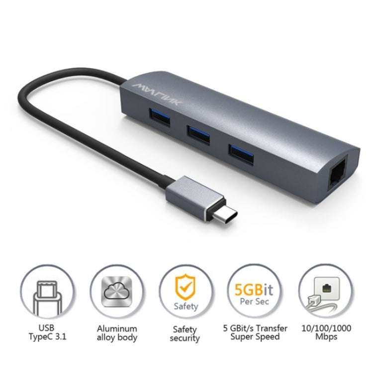 Adattatore hub USB-C con 3 porte USB 3.0, RJ45 e USB-C