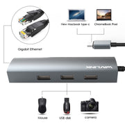 WAVLINK UH3031G/C Adattatore hub Gigabit ad alta velocità da tipo C a 3 x USB 3.0 + USB-C + RJ45 + porta di alimentazione CC, UH3031G/C