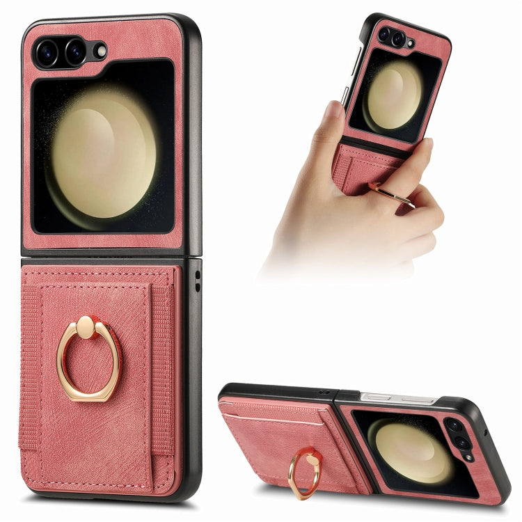 Custodia per telefono con borsa per carte ad anello retrò con sensazione sulla pelle, For Galaxy Z Flip8 5G, For Galaxy Z Flip7 5G, For Galaxy Z Flip6, For Galaxy Z Flip5
