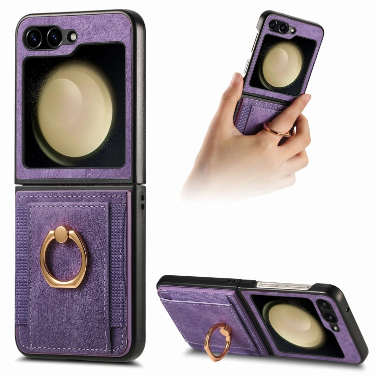 Custodia per telefono con borsa per carte ad anello retrò con sensazione sulla pelle, For Galaxy Z Flip8 5G, For Galaxy Z Flip7 5G, For Galaxy Z Flip6, For Galaxy Z Flip5