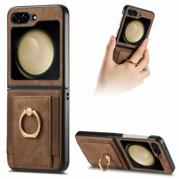 Custodia per telefono con borsa per carte ad anello retrò con sensazione sulla pelle, For Galaxy Z Flip8 5G, For Galaxy Z Flip7 5G, For Galaxy Z Flip6, For Galaxy Z Flip5