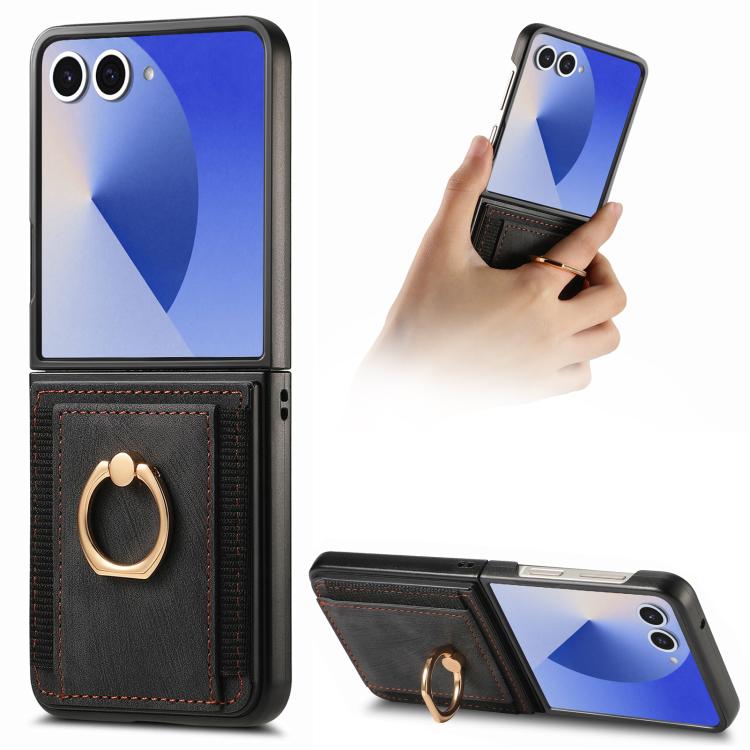 Custodia per telefono con borsa per carte ad anello retrò con sensazione sulla pelle, For Galaxy Z Flip8 5G, For Galaxy Z Flip7 5G, For Galaxy Z Flip6, For Galaxy Z Flip5