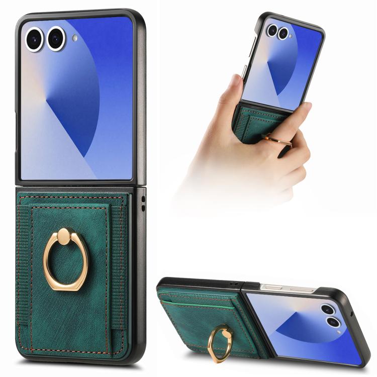 Custodia per telefono con borsa per carte ad anello retrò con sensazione sulla pelle, For Galaxy Z Flip8 5G, For Galaxy Z Flip7 5G, For Galaxy Z Flip6, For Galaxy Z Flip5