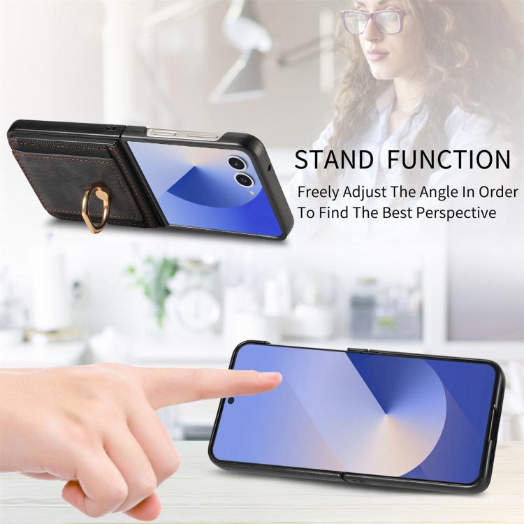 Custodia per telefono con borsa per carte ad anello retrò con sensazione sulla pelle, For Galaxy Z Flip8 5G, For Galaxy Z Flip7 5G, For Galaxy Z Flip6, For Galaxy Z Flip5