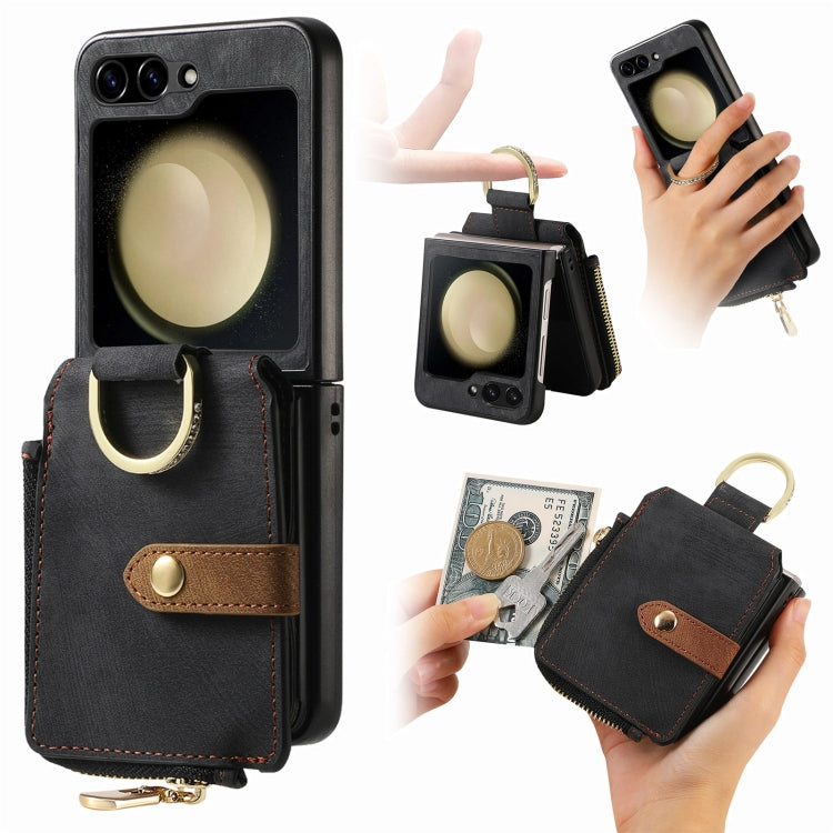 Custodia per telefono a portafoglio con cerniera verticale con anello retrò, For Galaxy Z Flip8 5G, For Galaxy Z Flip7 5G, For Galaxy Z Flip6