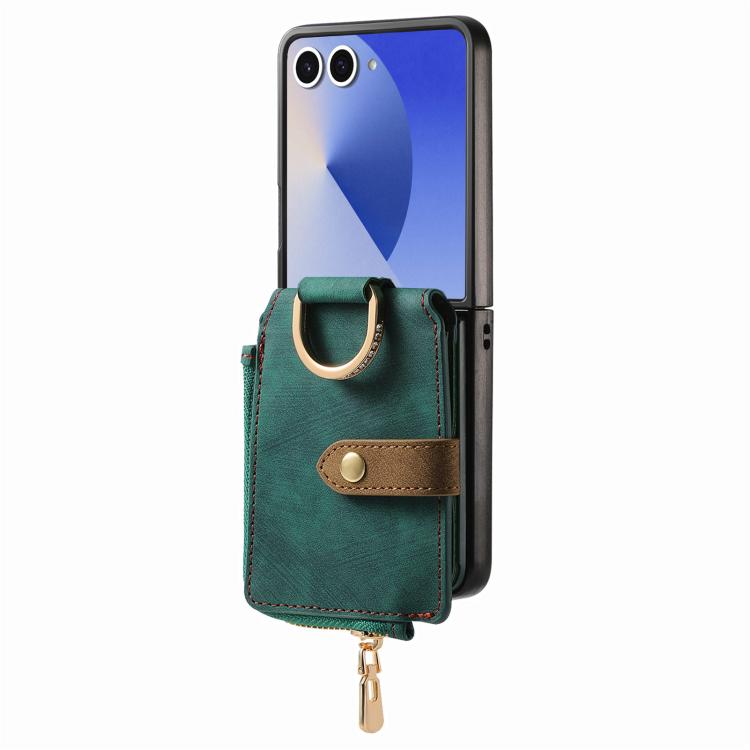 Custodia per telefono a portafoglio con cerniera verticale con anello retrò, For Galaxy Z Flip8 5G, For Galaxy Z Flip7 5G, For Galaxy Z Flip6