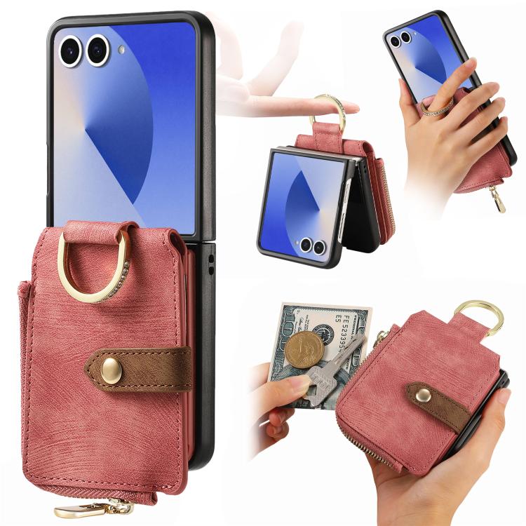 Custodia per telefono a portafoglio con cerniera verticale con anello retrò, For Galaxy Z Flip8 5G, For Galaxy Z Flip7 5G, For Galaxy Z Flip6