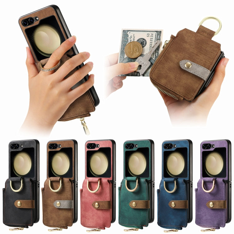Custodia per telefono a portafoglio con cerniera verticale con anello retrò, For Galaxy Z Flip8 5G, For Galaxy Z Flip7 5G, For Galaxy Z Flip6