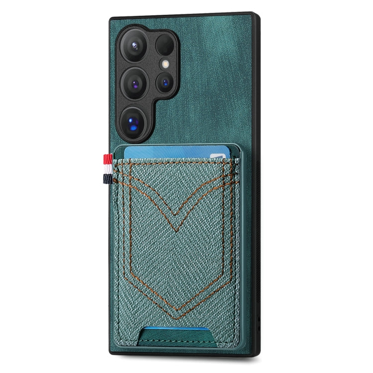 Custodia per cellulare in pelle con texture denim con slot per schede, For Samsung Galaxy S24 Ultra 5G, For Samsung Galaxy S24+ 5G