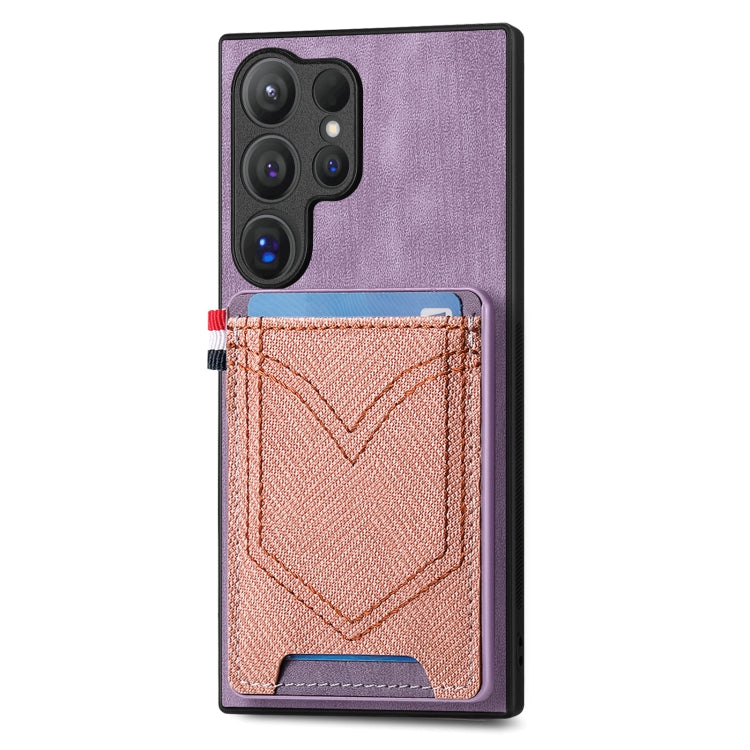 Custodia per cellulare in pelle con texture denim con slot per schede, For Samsung Galaxy S24 Ultra 5G, For Samsung Galaxy S24+ 5G
