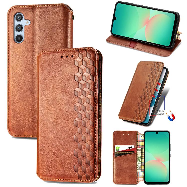 Custodia per telefono in pelle magnetica pressata a griglia cubica, For Samsung Galaxy A26 5G, For Samsung Galaxy A36 5G, For Samsung Galaxy S25 5G, For Samsung Galaxy S25+ 5G