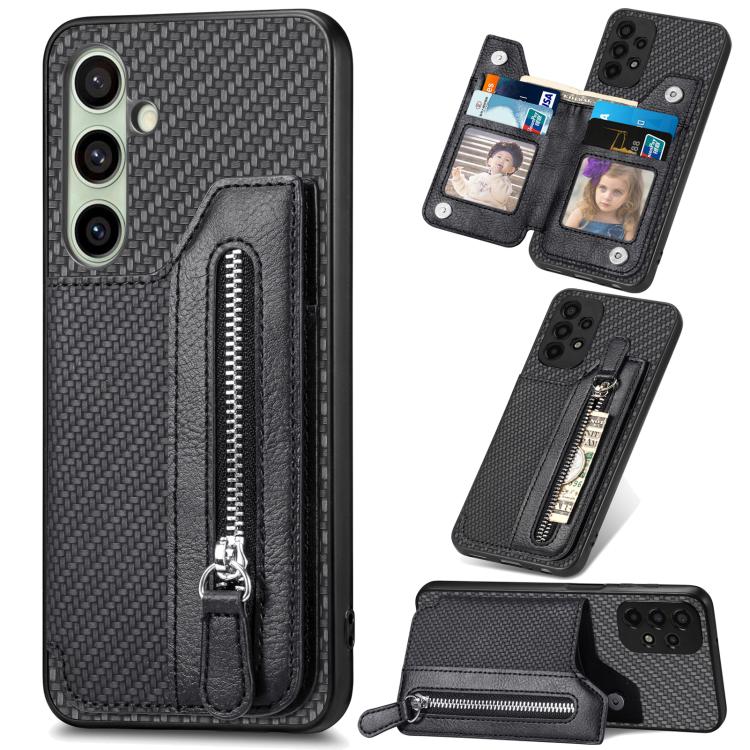 Custodia per telefono a portafoglio con cerniera orizzontale in fibra di carbonio, For Samsung Galaxy A36, For Samsung Galaxy S25 5G, For Samsung Galaxy S25+ 5G, For Samsung Galaxy S25 Ultra 5G