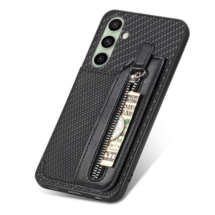 Custodia per telefono a portafoglio con cerniera orizzontale in fibra di carbonio, For Samsung Galaxy A36, For Samsung Galaxy S25 5G, For Samsung Galaxy S25+ 5G, For Samsung Galaxy S25 Ultra 5G