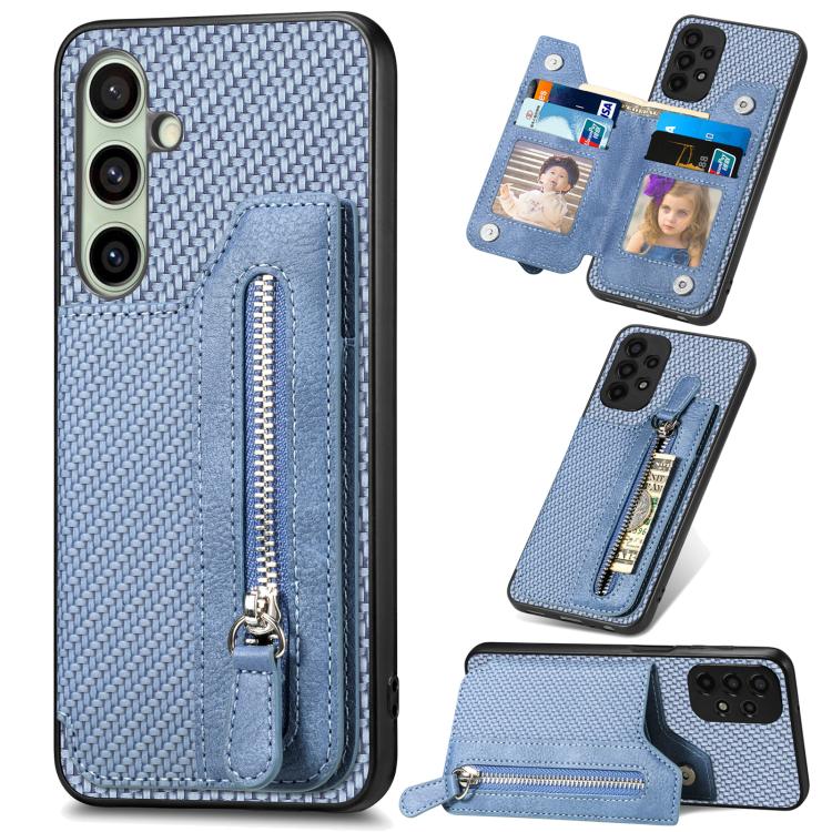 Custodia per telefono a portafoglio con cerniera orizzontale in fibra di carbonio, For Samsung Galaxy A36, For Samsung Galaxy S25 5G, For Samsung Galaxy S25+ 5G, For Samsung Galaxy S25 Ultra 5G
