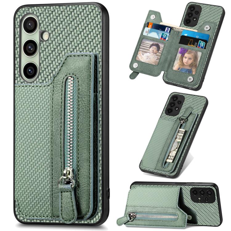 Custodia per telefono a portafoglio con cerniera orizzontale in fibra di carbonio, For Samsung Galaxy A36, For Samsung Galaxy S25 5G, For Samsung Galaxy S25+ 5G, For Samsung Galaxy S25 Ultra 5G