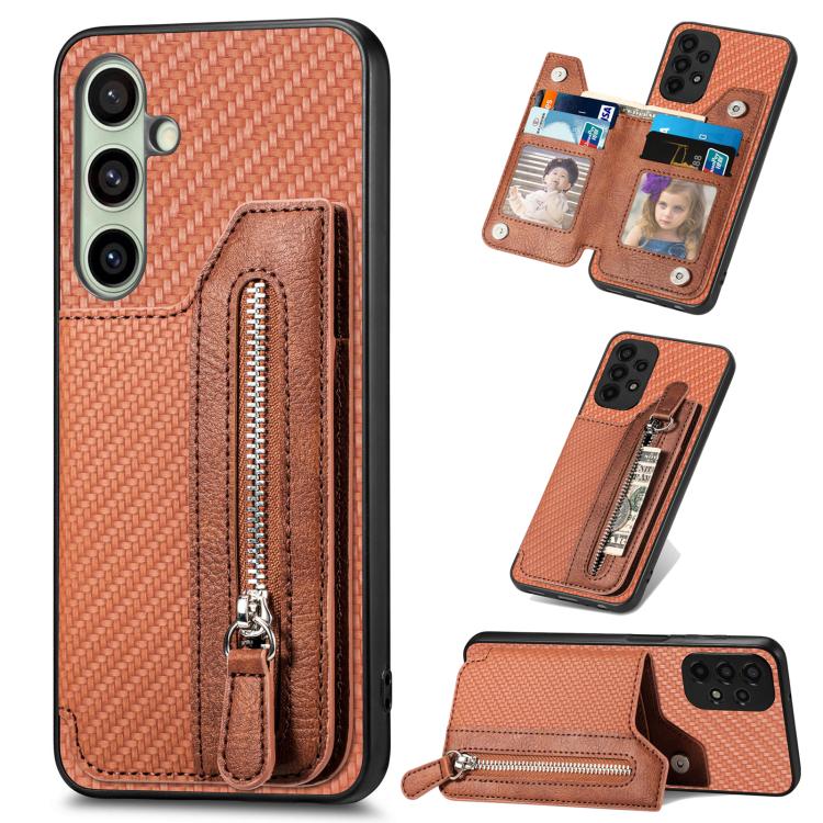 Custodia per telefono a portafoglio con cerniera orizzontale in fibra di carbonio, For Samsung Galaxy A36, For Samsung Galaxy S25 5G, For Samsung Galaxy S25+ 5G, For Samsung Galaxy S25 Ultra 5G