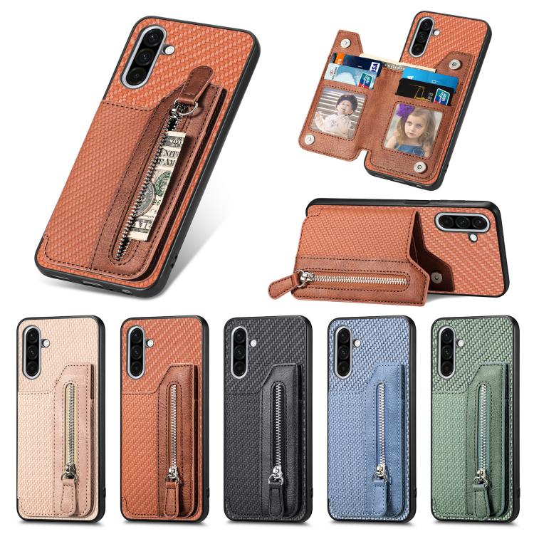 Custodia per telefono a portafoglio con cerniera orizzontale in fibra di carbonio, For Samsung Galaxy A36, For Samsung Galaxy S25 5G, For Samsung Galaxy S25+ 5G, For Samsung Galaxy S25 Ultra 5G