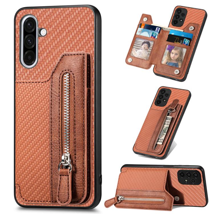 Custodia per telefono a portafoglio con cerniera orizzontale in fibra di carbonio, For Samsung Galaxy A36, For Samsung Galaxy S25 5G, For Samsung Galaxy S25+ 5G, For Samsung Galaxy S25 Ultra 5G