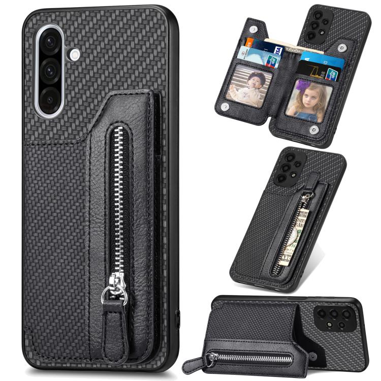 Custodia per telefono a portafoglio con cerniera orizzontale in fibra di carbonio, For Samsung Galaxy A36, For Samsung Galaxy S25 5G, For Samsung Galaxy S25+ 5G, For Samsung Galaxy S25 Ultra 5G