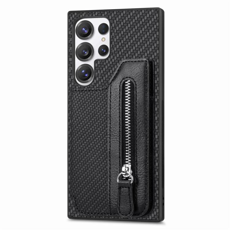 Custodia per telefono a portafoglio con cerniera orizzontale in fibra di carbonio, For Samsung Galaxy A36, For Samsung Galaxy S25 5G, For Samsung Galaxy S25+ 5G, For Samsung Galaxy S25 Ultra 5G