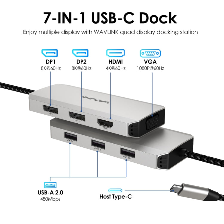 WAVLINK WL-UMD307 Da tipo C a 2DP + 4K HD + VGA + 3 x Docking station HUB USB 2.0, UMD307