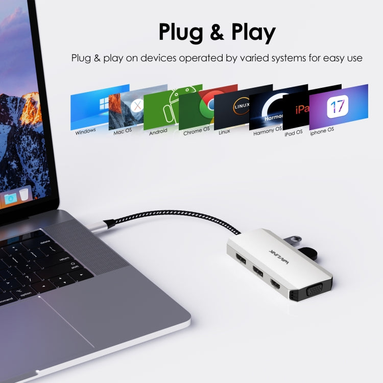 WAVLINK WL-UMD307 Da tipo C a 2DP + 4K HD + VGA + 3 x Docking station HUB USB 2.0, UMD307
