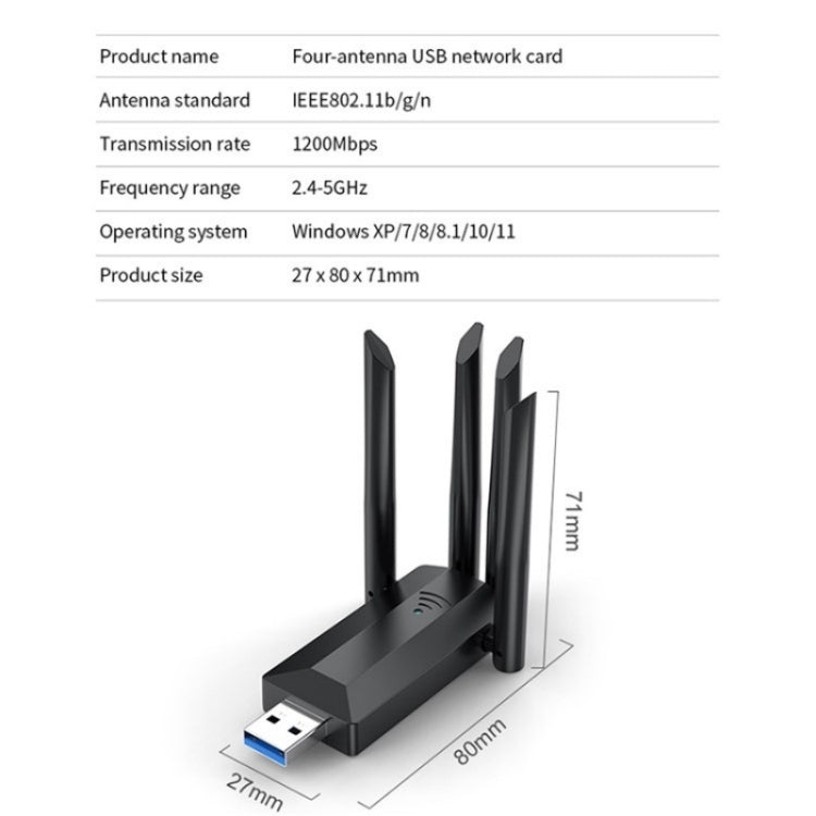 A07 Adattatore di rete per computer wireless ad alta velocità USB 3.0 dual-band a 4 antenne senza driver, A07