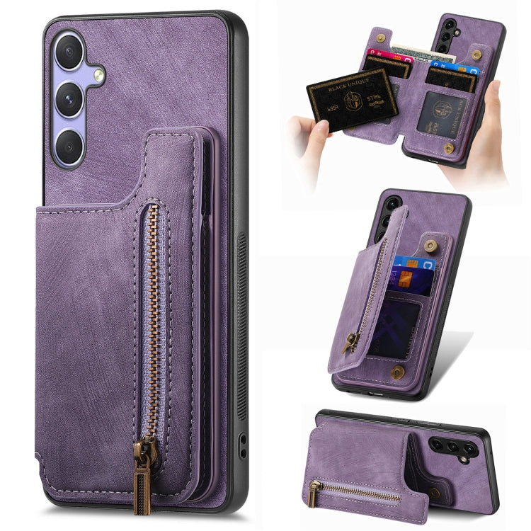 Custodia per telefono posteriore con cerniera in pelle retrò, For Samsung Galaxy A36, For Samsung Galaxy S25 5G, For Samsung Galaxy S25+ 5G, For Samsung Galaxy S25 Ultra 5G