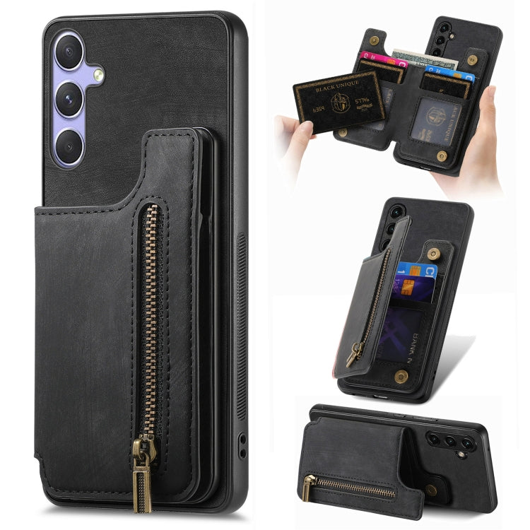 Custodia per telefono posteriore con cerniera in pelle retrò, For Samsung Galaxy A36, For Samsung Galaxy S25 5G, For Samsung Galaxy S25+ 5G, For Samsung Galaxy S25 Ultra 5G