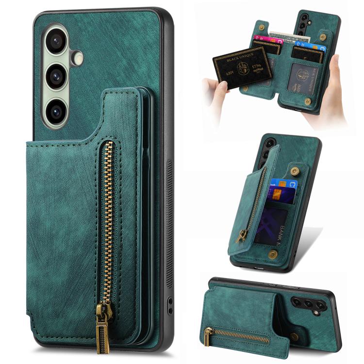Custodia per telefono posteriore con cerniera in pelle retrò, For Samsung Galaxy A36, For Samsung Galaxy S25 5G, For Samsung Galaxy S25+ 5G, For Samsung Galaxy S25 Ultra 5G