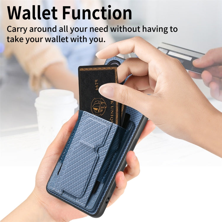 Custodia per telefono con borsa elastica per carte con supporto pieghevole in fibra di carbonio, For Samsung Galaxy S23 5G, For Samsung Galaxy A04 4G, For Samsung Galaxy M53 5G, For Samsung Galaxy M23 5G