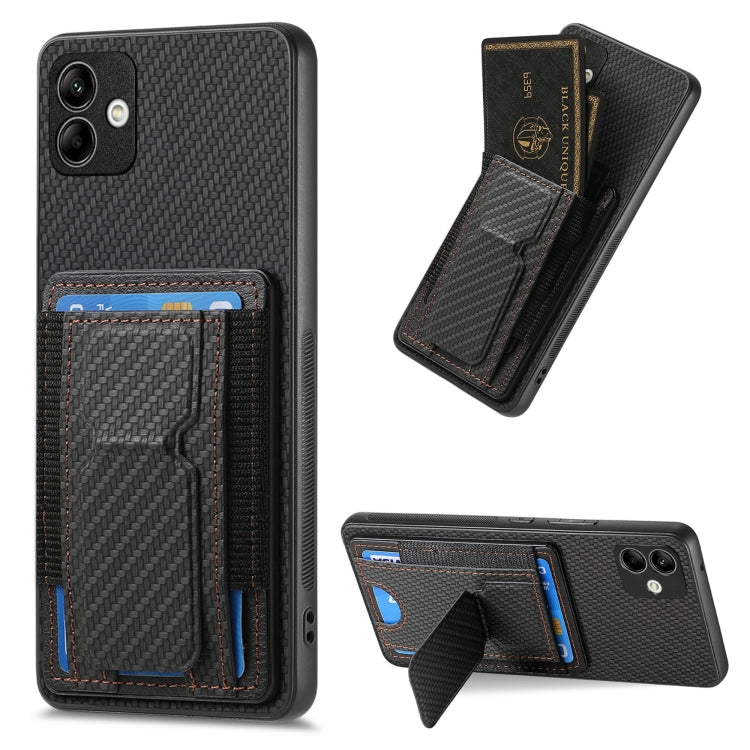 Custodia per telefono con borsa elastica per carte con supporto pieghevole in fibra di carbonio, For Samsung Galaxy S23 5G, For Samsung Galaxy A04 4G, For Samsung Galaxy M53 5G, For Samsung Galaxy M23 5G