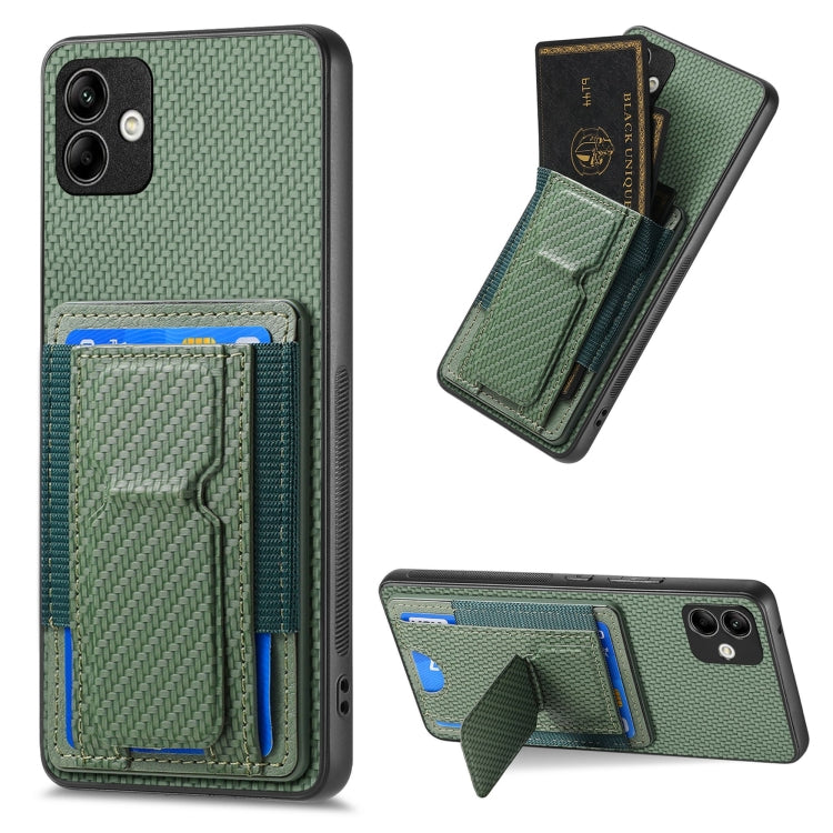 Custodia per telefono con borsa elastica per carte con supporto pieghevole in fibra di carbonio, For Samsung Galaxy S23 5G, For Samsung Galaxy A04 4G, For Samsung Galaxy M53 5G, For Samsung Galaxy M23 5G