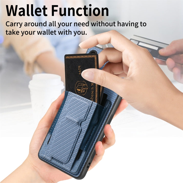 Custodia con borsa elastica per carte e supporto pieghevole in fibra di carbonio