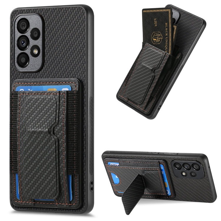 Custodia per telefono con borsa elastica per carte con supporto pieghevole in fibra di carbonio, For Samsung Galaxy S23 5G, For Samsung Galaxy A04 4G, For Samsung Galaxy M53 5G, For Samsung Galaxy M23 5G