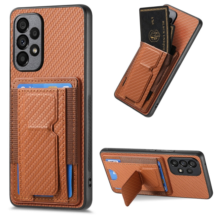 Custodia per telefono con borsa elastica per carte con supporto pieghevole in fibra di carbonio, For Samsung Galaxy S23 5G, For Samsung Galaxy A04 4G, For Samsung Galaxy M53 5G, For Samsung Galaxy M23 5G