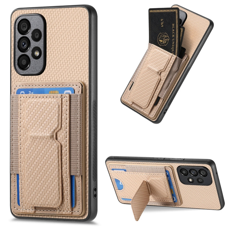 Custodia per telefono con borsa elastica per carte con supporto pieghevole in fibra di carbonio, For Samsung Galaxy S23 5G, For Samsung Galaxy A04 4G, For Samsung Galaxy M53 5G, For Samsung Galaxy M23 5G